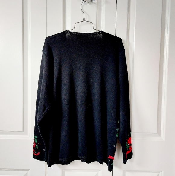 Beaded Poinsettia, Holly & Bows Christmas Black Cardigan Sweater 14/16 Lane Brya - Picture 2 of 7